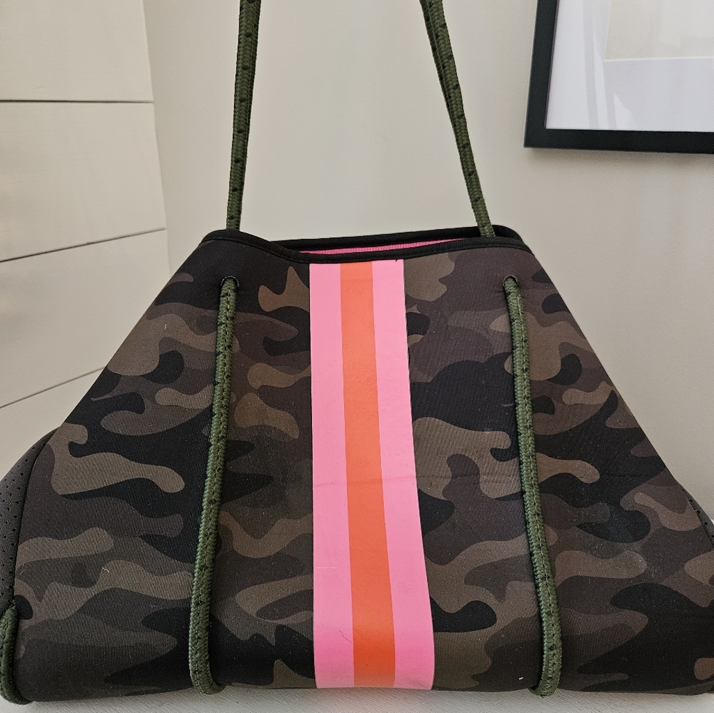 Haute Shore Camo Hot Pink & Orange Neoprene Shoulder bag and matching wristlet